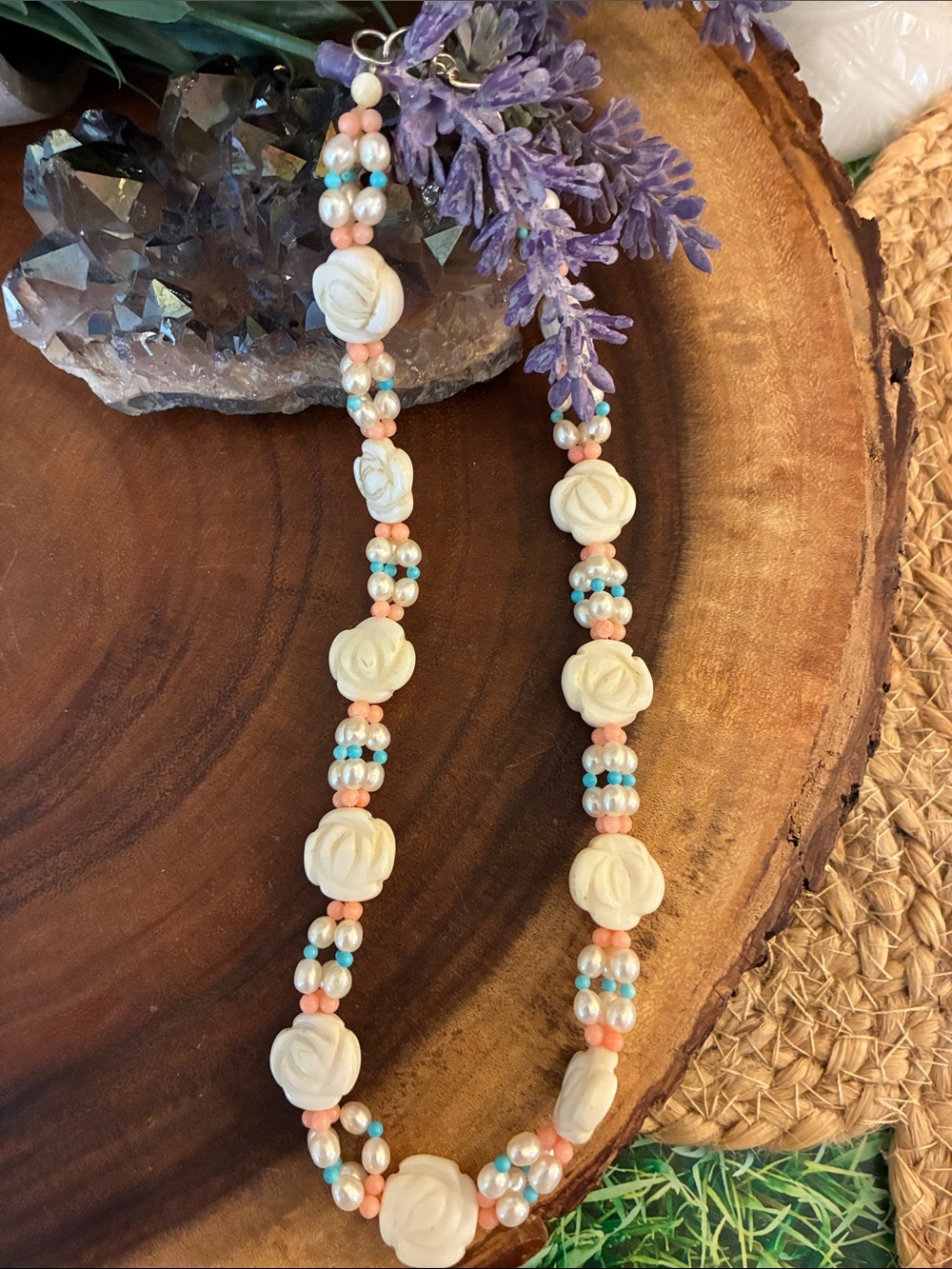 Vintage Cream Rose Necklace with Peach Beads and Floral Shell